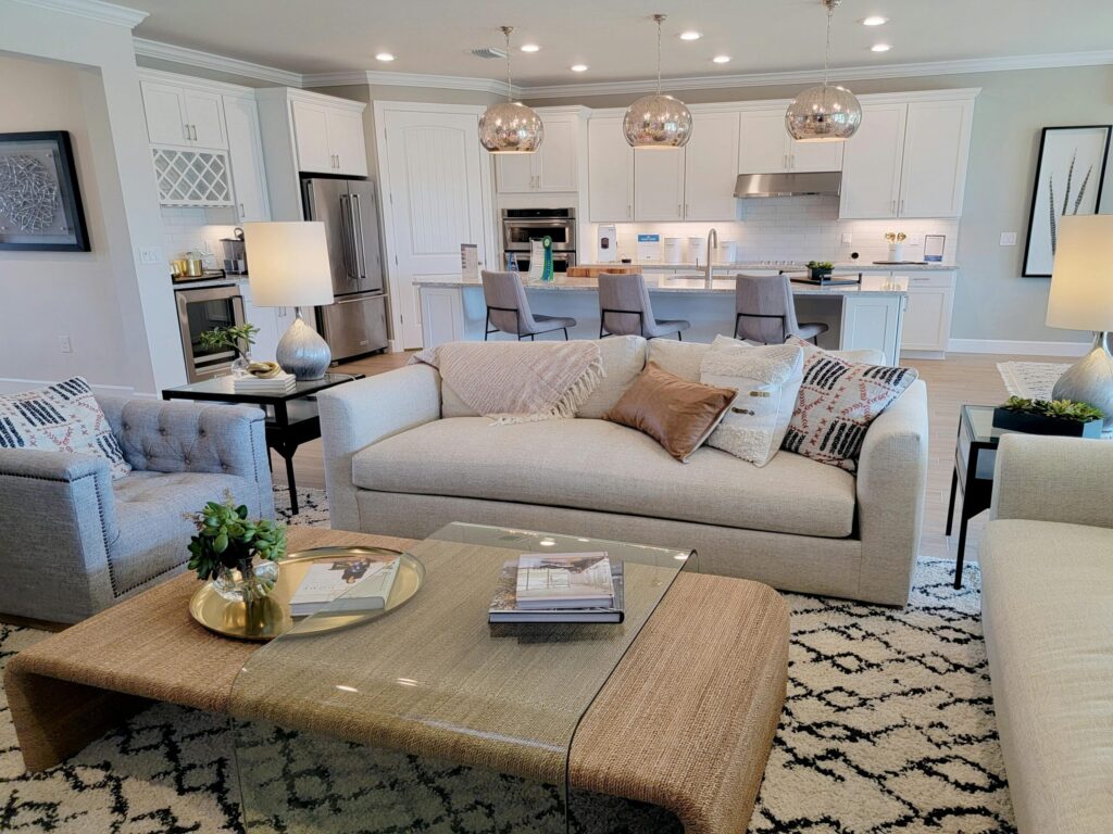 coffee table in living room with kitchenette